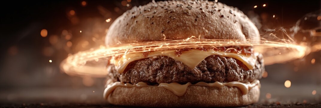 A juicy burger with melted cheese and toasted bun explodes in a fiery blast.