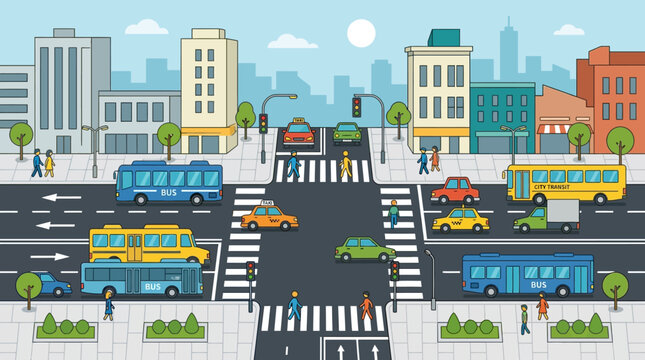 City Traffic Scene with Cars, Buses, Pedestrians and Buildings - Urban Transportation