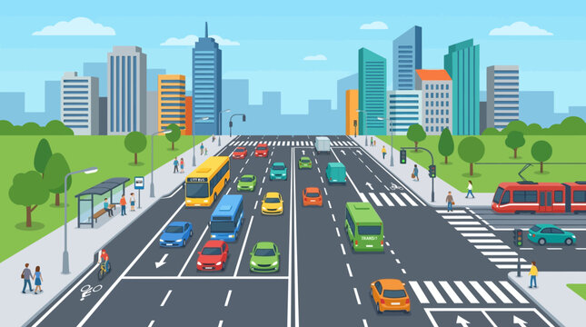 City Traffic Scene with Cars, Bus, Tram and Skyscrapers