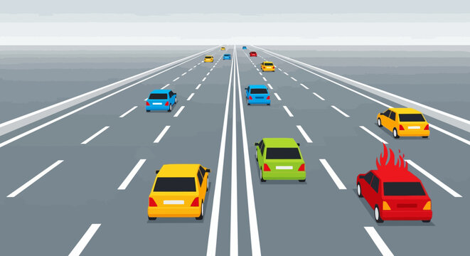 Cartoon Highway Traffic with Fiery Car, Vector Illustration