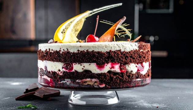 Decadent Chocolate Layer Cake with Cherry Filling and Cream Frosting, Garnished Extravagantly