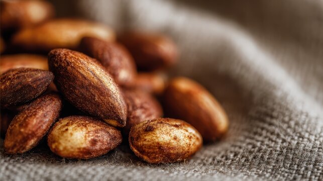 Macro shot of roasted almonds with their skins on a textured fabric surface nuts food