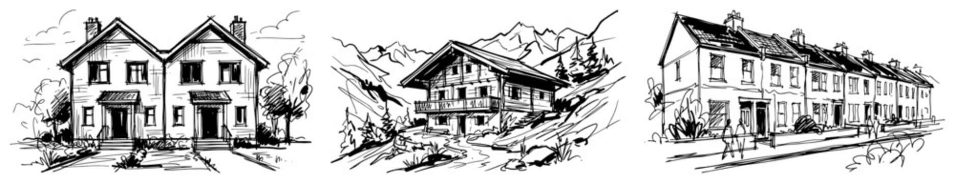 Residential architecture types including duplex chalet and row houses in hand drawn sketch style