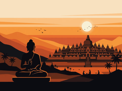Vector minimal illustration of Borobudur temple during sunset, a scene symbolizing peace and spiritual awakening on Waisak day