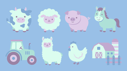 Naklejka premium Collection of cute pastel farm animals with tractor barn and fence illustration set on blue background, symbolizing educational materials for children, provides adorable nursery decor