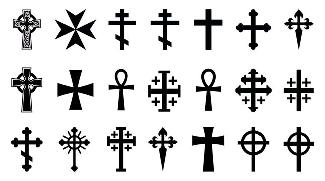 Collection of various black Christian cross icons and religious symbols set on white background, Symbolizing faith traditions or illustrating historical church heritage