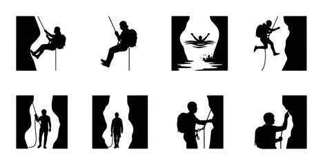 Adventure Icons Set: Rock Climbing, Rappelling, Caving, Kayaking Silhouettes for Extreme Sports and Outdoor Activities © Farzana