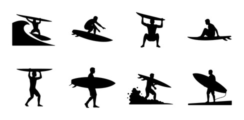 Surfing Silhouettes Collection: Dynamic Ocean Sports Icons, Action Poses, Vector Graphics for Summer Lifestyle and Beach Themes © Farzana