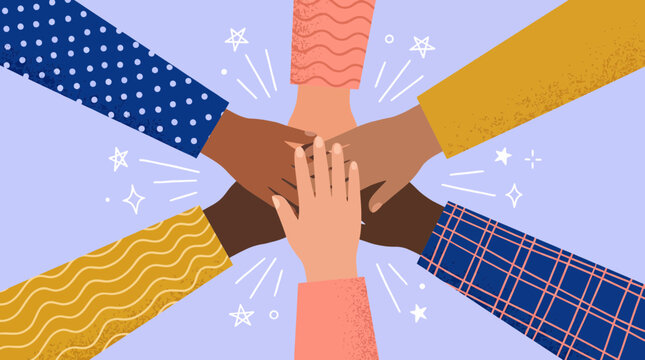 Diverse hands of multiethnic people stacked in a central circle with various colorful patterned sleeves, symbolizing global unity and provides support for inclusive community collaboration