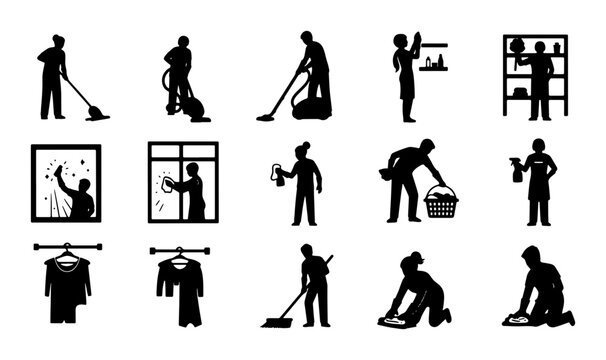 Cleaning Service Icons, Household Chores Vector Set, Domestic Tasks Silhouettes for Home Maintenance and Hygiene