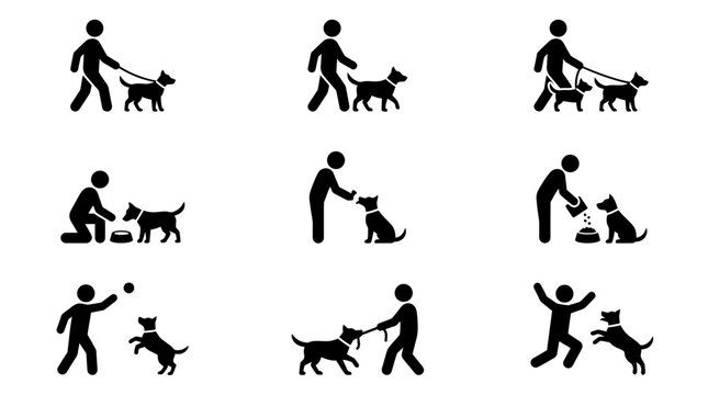 Set of human and dog pictograms illustrating various pet care activities like walking feeding and playing on white background, illustrating pet ownership, provides educational care guides