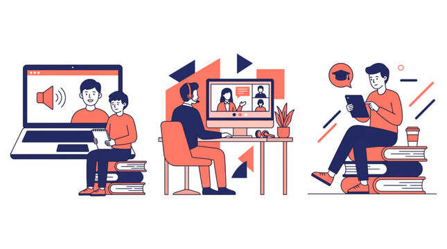Flat illustration of students learning online using laptop and tablet while sitting on stacks of books, representing digital e-learning systems, provides modern distance education solutions