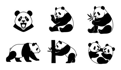 Naklejka premium Cute Panda Icons Set, Adorable Bear Illustrations, Playful Bamboo Bear Graphics, Vector Art Collection