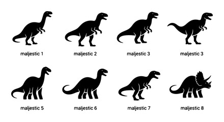 Majestic Dinosaur Silhouettes Collection, 8 Retro Icons for Prehistoric Themes, Jurassic Era Vector Graphics, Tyrannosaurus Rex, Triceratops, Brontosaurus, Ancient Reptile Art © Farzana