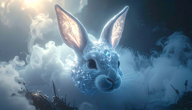 Glowing rabbit head with ice crystals on mystical cloudy background