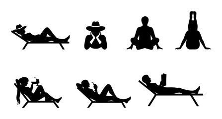 Obraz premium Silhouette Figures Relaxing, Yoga Poses, Sunbathing on Loungers, Reading, 7 Vector Icons Set for Leisure and Wellness Concepts