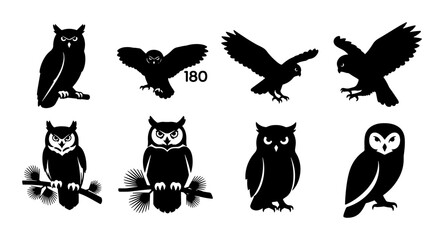 Fototapeta premium Black Owl Silhouettes Vector Set, Nocturnal Bird Icons, Wildlife Graphics, Flying and Perching Owl Poses, 8 Elements Collection