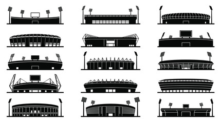 Black silhouettes of various sports stadiums and arenas, 13 white background © Graphic Shops
