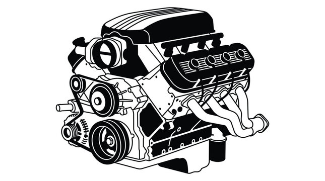 Powerful v8 car engine black and white outline vector illustration with all components shown.