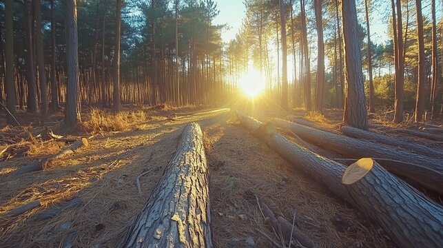 Logging operation in a forest clearing with felled trees and bright sunlight streaming through the canopy