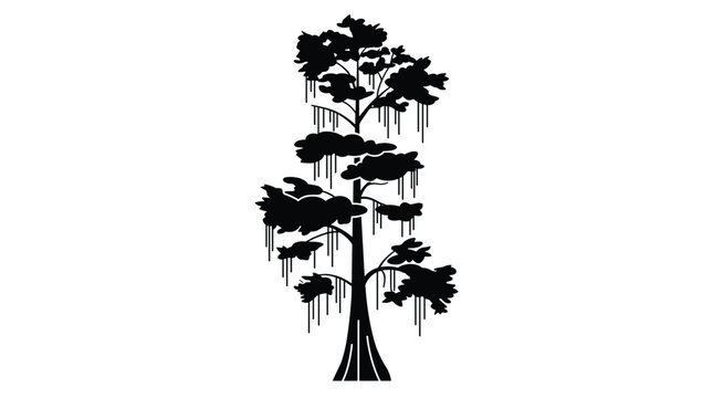 Cypress tree silhouette with hanging moss elements on transparent background for landscape and swamp designs.