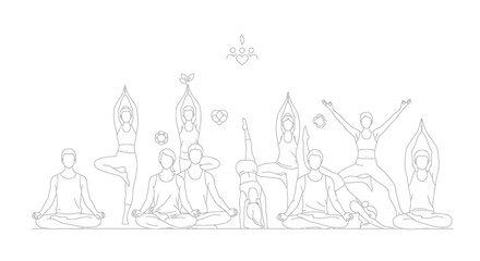 Obraz premium Diverse group of people practicing yoga poses in a line, minimalist line art illustration.