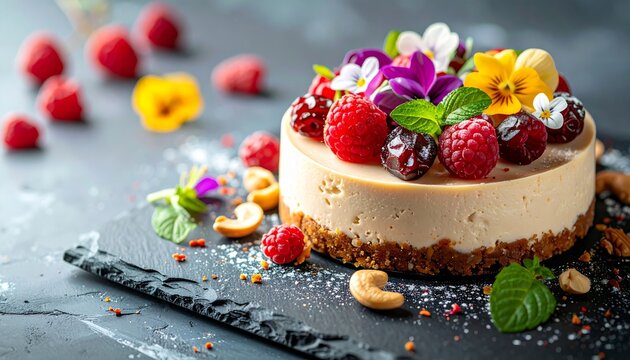 Decadent raw vegan cashew and date cheesecake adorned with fresh berries and edible flowers