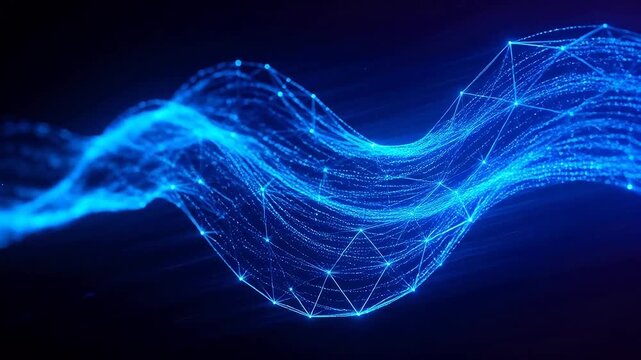 Abstract dynamic network of blue lines on purple background
