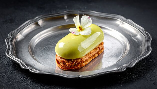 Elegant Petit Four with Glazed Top and Delicate Sugar Flower on a Silver Platter