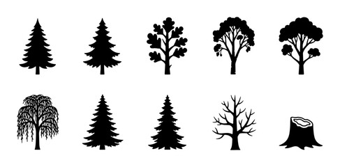 Diverse Tree Silhouettes Collection, Nature Icons Set, Woodland Elements, Forest Graphics, Botanical Vector Art, Seasonal Plant Shapes, Natural Design Assets © Shakil