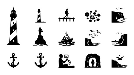 Nautical Icons Set: Lighthouses, Anchors, Ships, Cliffs, and Coastal Scenes Vector Graphics for Maritime and Travel Themes © Shakil