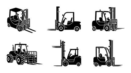 Forklift Icons Set, Industrial Vehicle Illustrations, Warehouse Equipment Graphics, Heavy Machinery Vector Collection © Shakil
