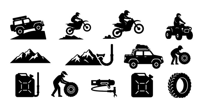 Off-Road Adventure Icons Set: 4x4 Vehicles, Motorcycles, ATVs, Mountains, Gear, and Tools for Extreme Sports and Outdoor Exploration