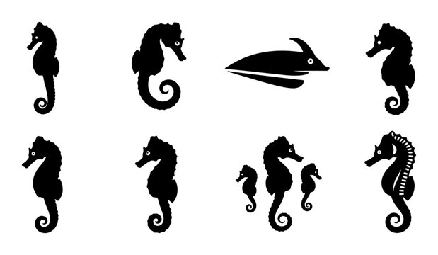 Seahorse Silhouettes Collection, Marine Life Vector Icons, Ocean Creatures Graphic Elements, Nautical Design Assets