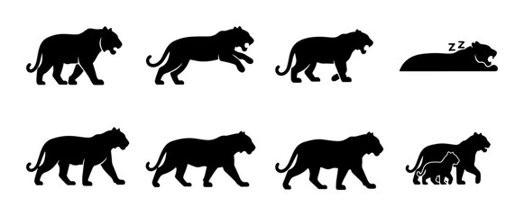 Fototapeta premium Tiger Silhouette Collection: Dynamic Poses, Walking, Running, Sleeping, Family Group, Vector Art for Wildlife and Nature Designs
