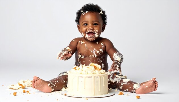 Joyful baby covered in frosting smashes a delicious first birthday cake in a studio setting, a delightful and messy celebration of childhood milestones.