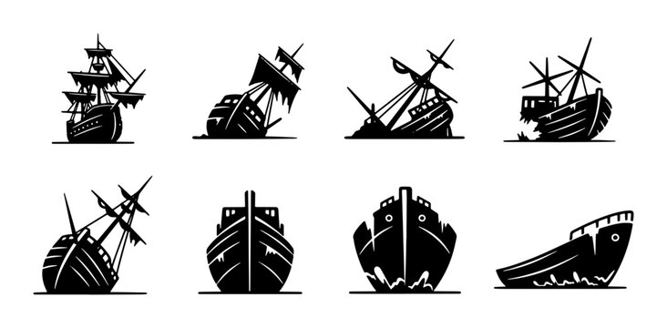 Nautical Shipwreck Icons, Pirate Galleon and Sinking Vessel Vector Graphics, Maritime Disaster Symbols