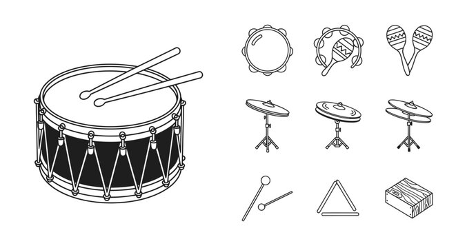 Musical Instruments Set: Drum, Cymbals, Tambourine, Maracas, Triangle, Woodblock