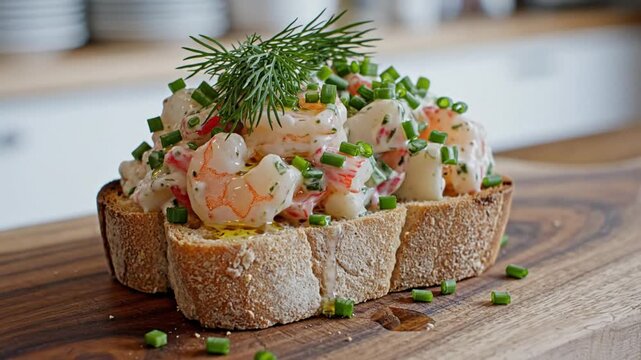 Delicious open-faced shrimp sandwich drizzled with olive oil and topped with fresh herbs on a rustic wooden board.