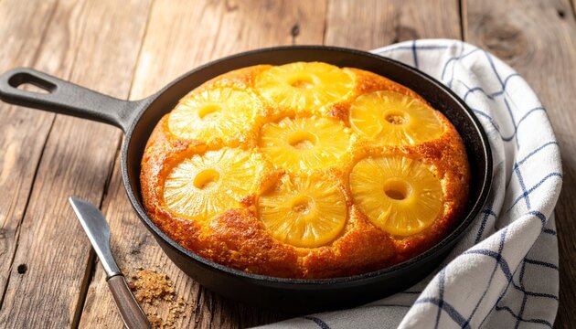 Freshly Baked Pineapple Upside-Down Cake in a Cast Iron Skillet, Golden and Delicious