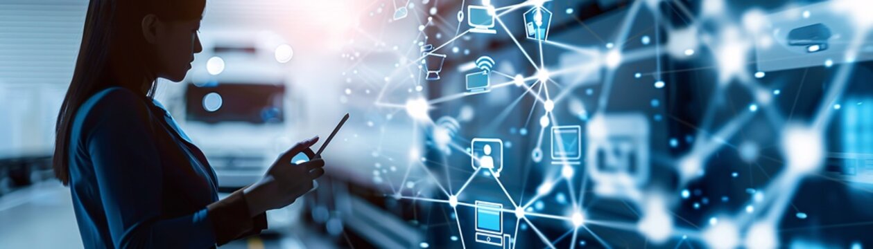 A logistics manager's silhouette stands out against a digital network of interconnected devices and automated systems, symbolizing the future of supply chain management. The image offers ample
