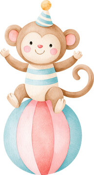 Watercolor illustration of a cute circus monkey sitting on a colorful ball, isolated on transparent background.