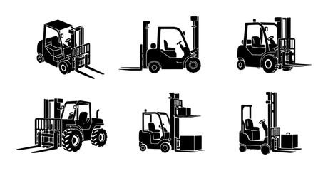 Forklift Truck Icons Set, Industrial Vehicle Silhouettes, Warehouse Equipment Collection, Logistics Machinery Vector Graphics © Tania