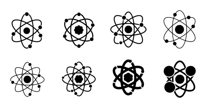 Atomic Structure Icons, Set of 8 Scientific Symbols, Atom Nucleus and Orbiting Electrons Vector Graphics for Science and Technology Concepts