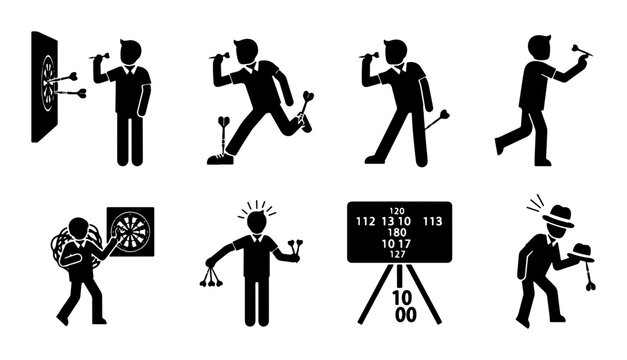 Dart Game Action Set, Sports Competition Icons, Player Poses, Target Board Vector Graphics, Scoreboard Illustration, Business Strategy Metaphor