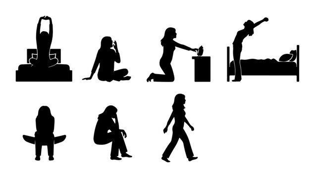 Morning Routine Silhouettes: Woman Waking Up, Stretching, Getting Ready, and Walking | Daily Life Vector Icons