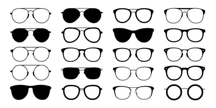 Glasses icon set with different shapes and frames, minimalist outline and solid face eyeglass symbols for design