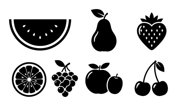 Black Fruit Icons Set: Watermelon Slice, Pear, Strawberry, Orange Slice, Grapes, Apple, Cherries. Vector Graphics for Healthy Food and Summer Themes.
