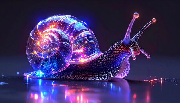 Glowing snail with neon shell and antennae on reflective surface