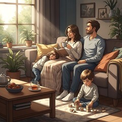 Obraz premium Family enjoying casual indoor gathering with wine and snacks.